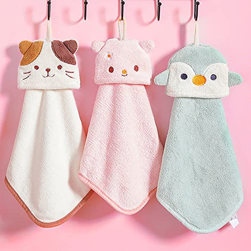PRATIQUE 3 Pack Cute Hand Towels, Bathroom Towels with Hanging Loop, Children Hand Towel Animals, Microfiber Coral Fleece Absorbent Hand Towel for Kitchen Bathroom Bedroom (3pcs) - Image 1