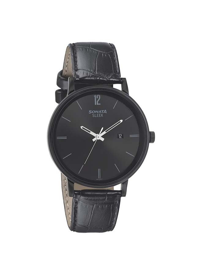 سوناتا ساعة يد جلدية دائرية بعقارب  -  ملم - سوداء - Image 1
