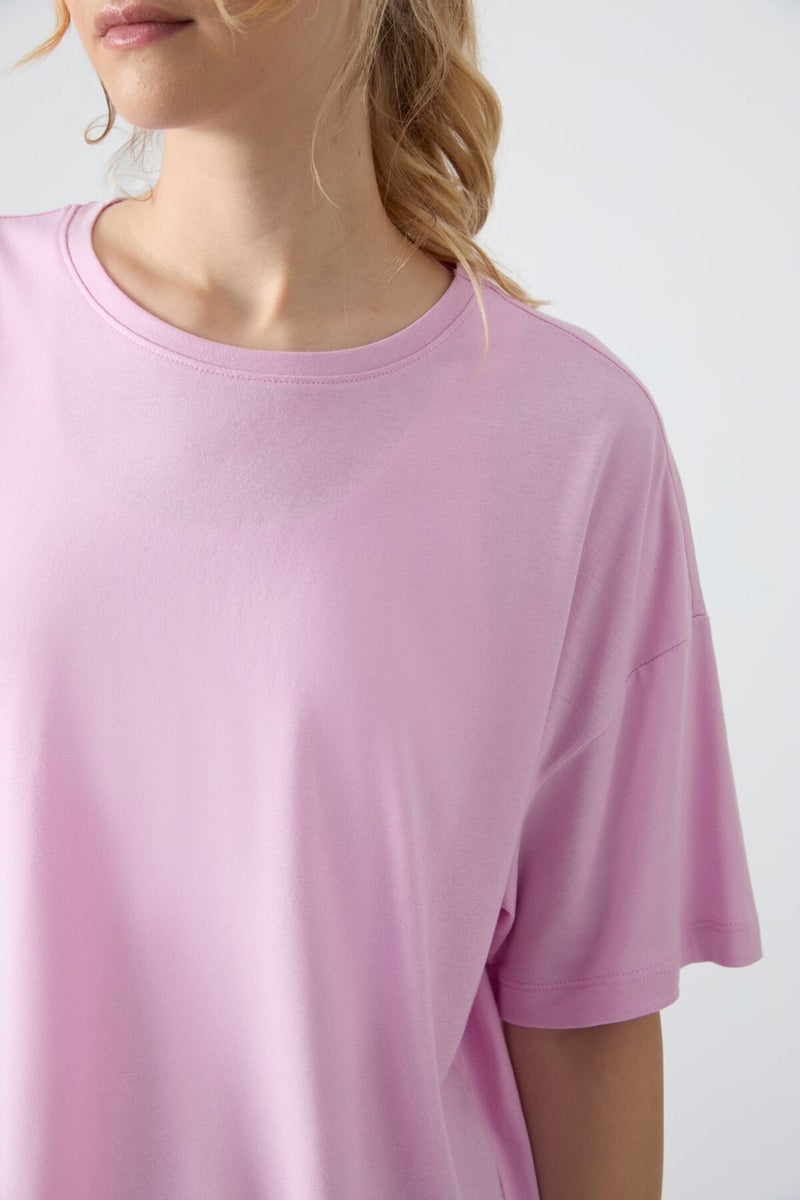 Tommy Life Pink Combed Modal Soft Touch Oversize Fit Basic Women's T-Shirt - 97285  - Image 2