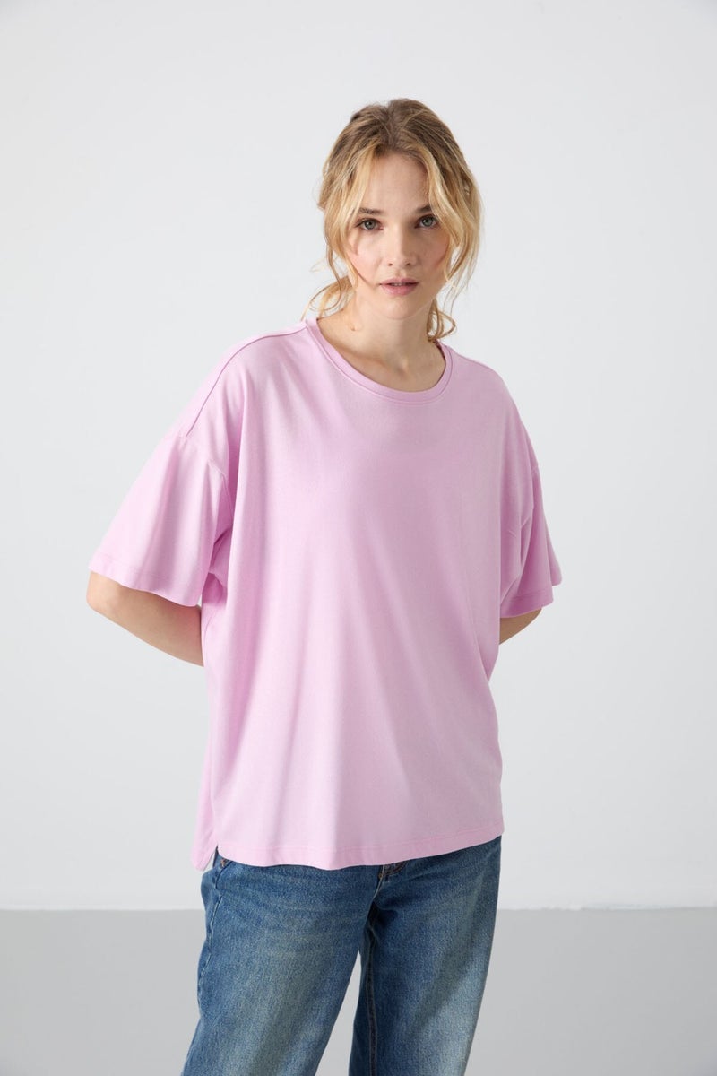 Tommy Life Pink Combed Modal Soft Touch Oversize Fit Basic Women's T-Shirt - 97285  - Image 1