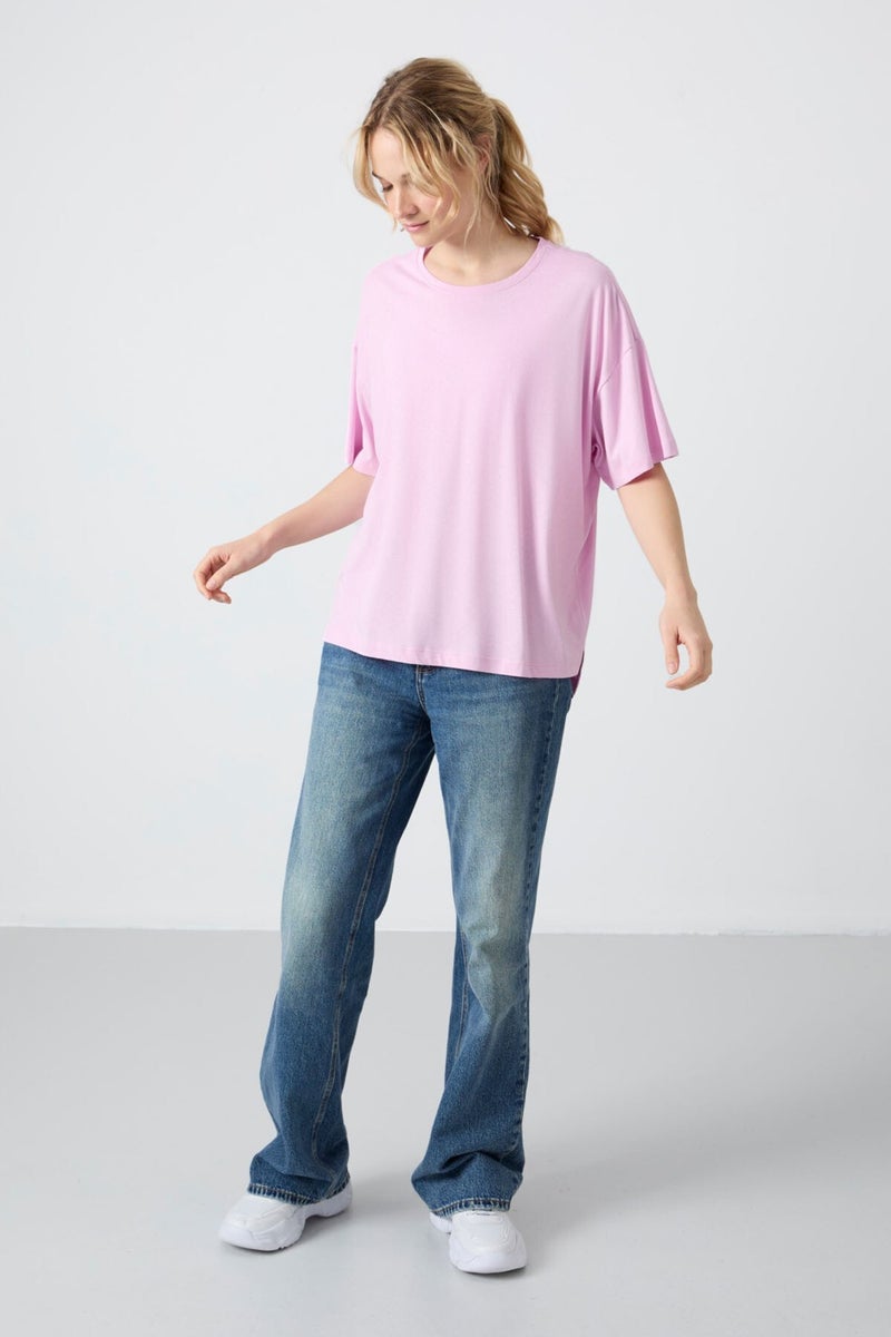 Tommy Life Pink Combed Modal Soft Touch Oversize Fit Basic Women's T-Shirt - 97285  - Image 5