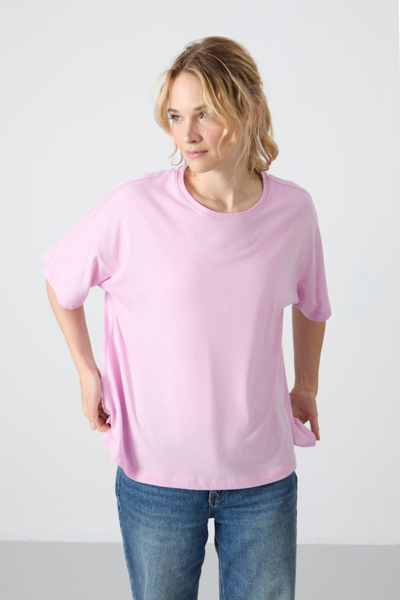 Tommy Life Pink Combed Modal Soft Touch Oversize Fit Basic Women's T-Shirt - 97285  - Image 4