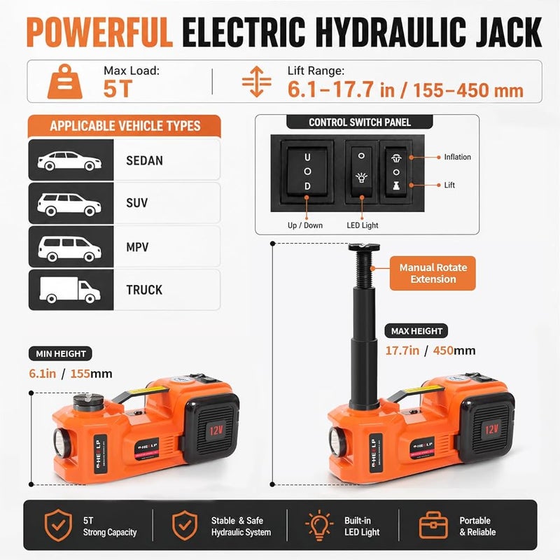 E-HEELP Electric Car Jack 5Ton 12V Hydraulic Kit with Impact Wrench for SUV MPV Sedan Truck Change Tires Garage Repair Orange TT02 - Image 2