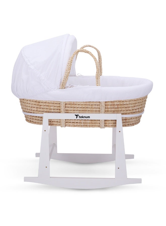 Teknum Moses Basket with Waffle Beddings, Mattress and Rocker Stand - White - Image 1