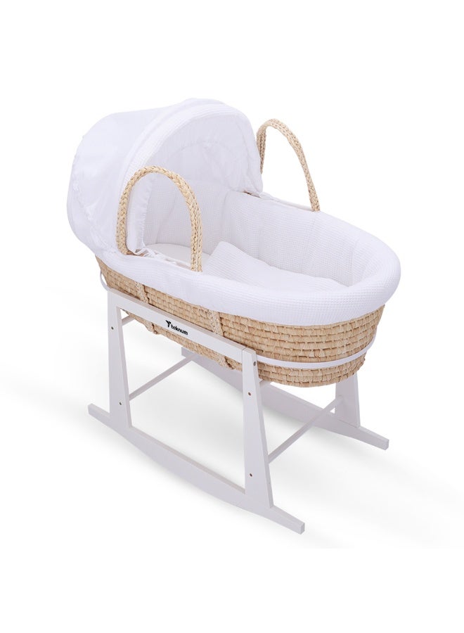 Teknum Moses Basket with Waffle Beddings, Mattress and Rocker Stand - White - Image 4