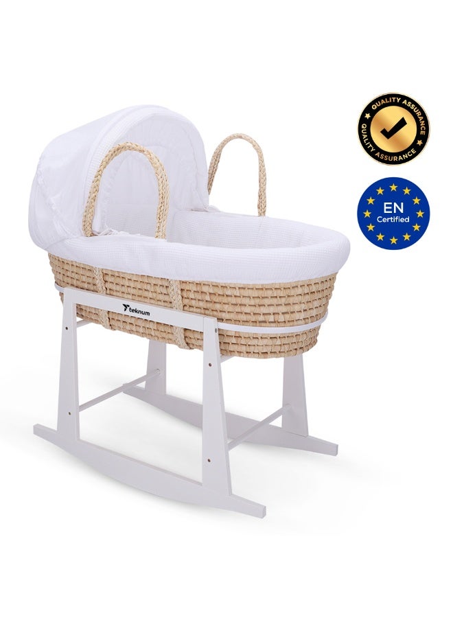 Teknum Moses Basket with Waffle Beddings, Mattress and Rocker Stand - White - Image 2