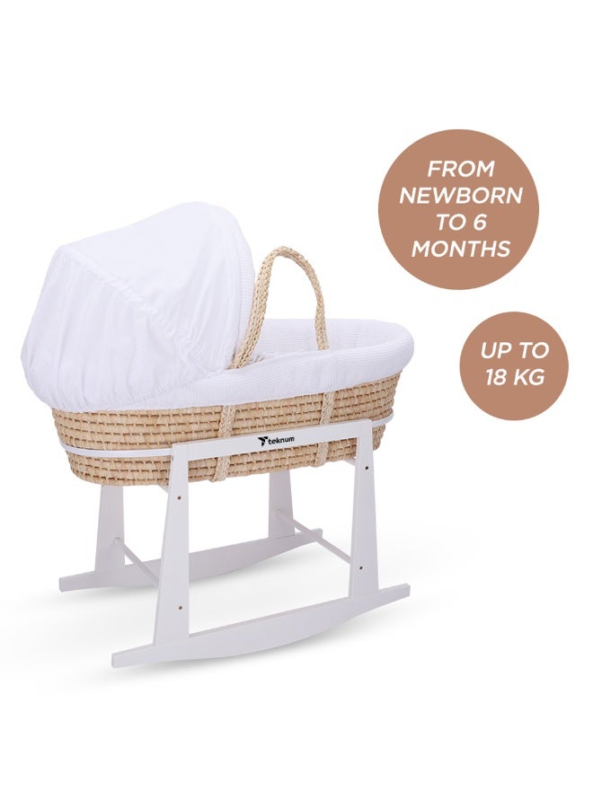 Teknum Moses Basket with Waffle Beddings, Mattress and Rocker Stand - White - Image 3