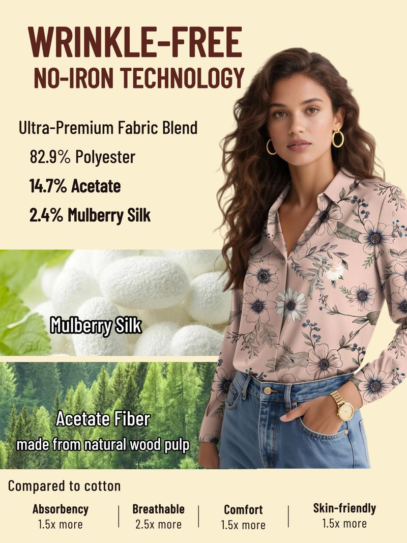 COUXILY Womens Button Down Up Shirt Long Sleeve Silk Shirts for Women Tops Fall Business Casual Blouse Formal Work Dressy Blouses Trending Fashion Print Office Colorful Floral 03 M - Image 3