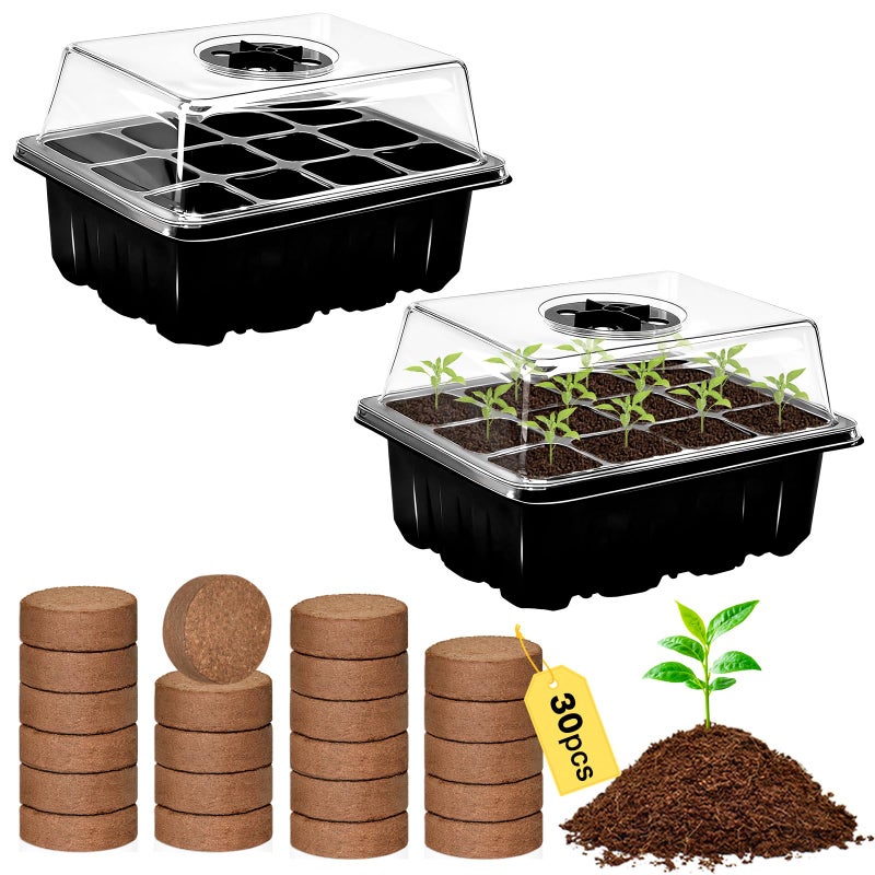 Zeedix 2 Set Seed Starter Tray Kits with Soil, 2 Pack Seed Trays with 30 Pack Coco Coir Pellets, Adjustable Humidity Germination Tray with Dome Lids for Indoor Plants, Greenhouse for Vegetables Garden - Image 1