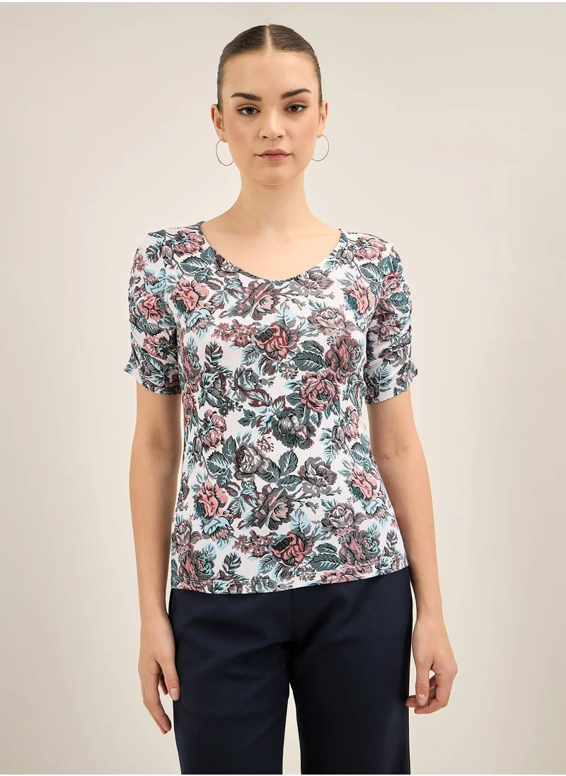 سولت اتاير Women's Slim Fit Floral Print V-Neck Top, Half-Length Ruched Sleeves, Elegant and Versatile for Work, Casual, and Evening Looks