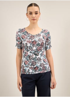 Salt Attire Women's Slim Fit Floral Print V-Neck Top, Half-Length Ruched Sleeves, Elegant and Versatile for Work, Casual, and Evening Looks  - Image 1