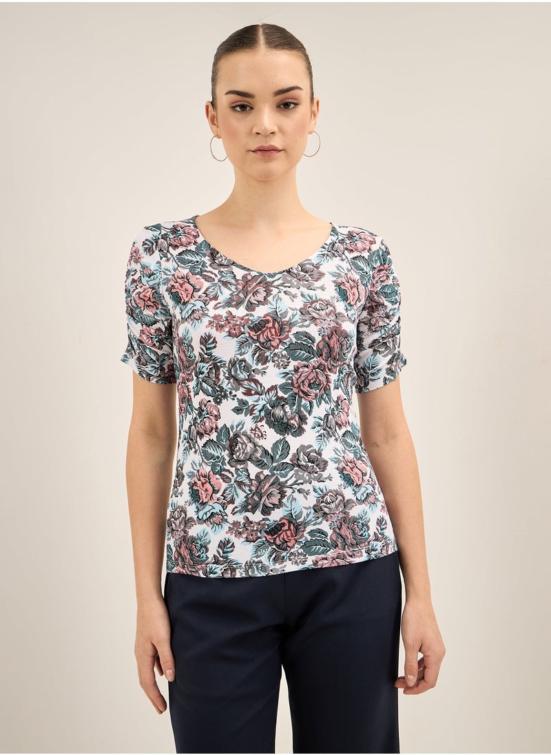 Salt Attire Women's Slim Fit Floral Print V-Neck Top, Half-Length Ruched Sleeves, Elegant and Versatile for Work, Casual, and Evening Looks  - Image 1