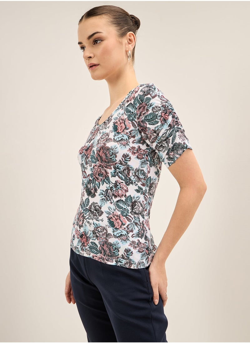 Salt Attire Women's Slim Fit Floral Print V-Neck Top, Half-Length Ruched Sleeves, Elegant and Versatile for Work, Casual, and Evening Looks  - Image 4