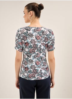 Salt Attire Women's Slim Fit Floral Print V-Neck Top, Half-Length Ruched Sleeves, Elegant and Versatile for Work, Casual, and Evening Looks  - Image 5