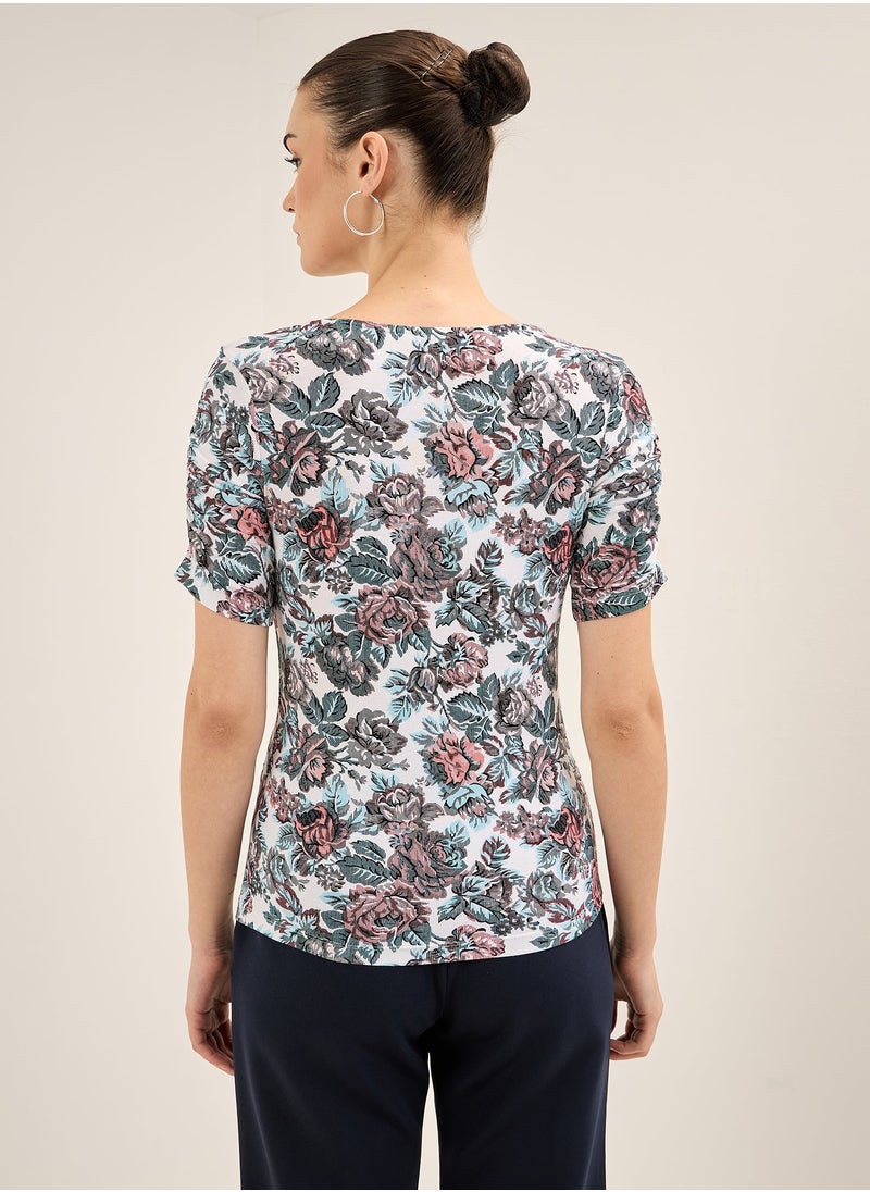 Salt Attire Women's Slim Fit Floral Print V-Neck Top, Half-Length Ruched Sleeves, Elegant and Versatile for Work, Casual, and Evening Looks  - Image 5