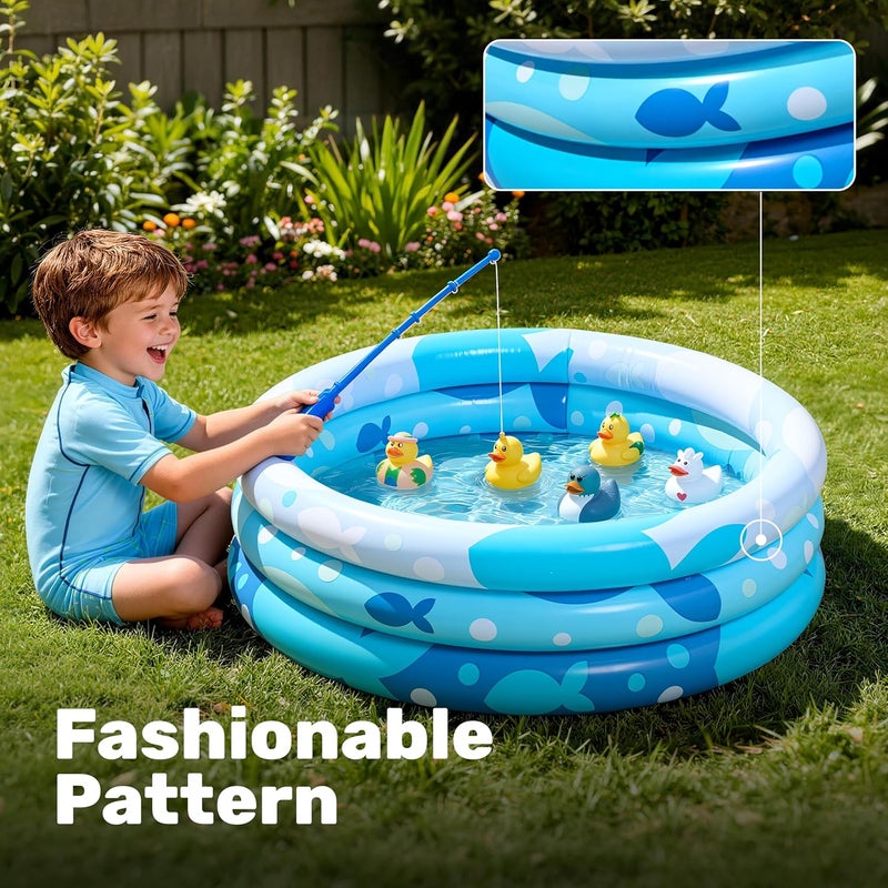 Sloosh Inflatable Kiddie Pool Blue with Geometric Pattern Swimming Pool 3-Rings for Kids Indoor & Outdoor 34 Inches - Image 5