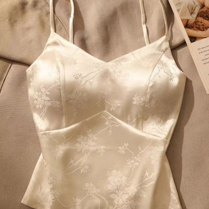 French Jacquard Satin Camisole Vest New Chinese Top Strap Chest Pad Short Base Strapless Beautiful Top Niche - Image 1
