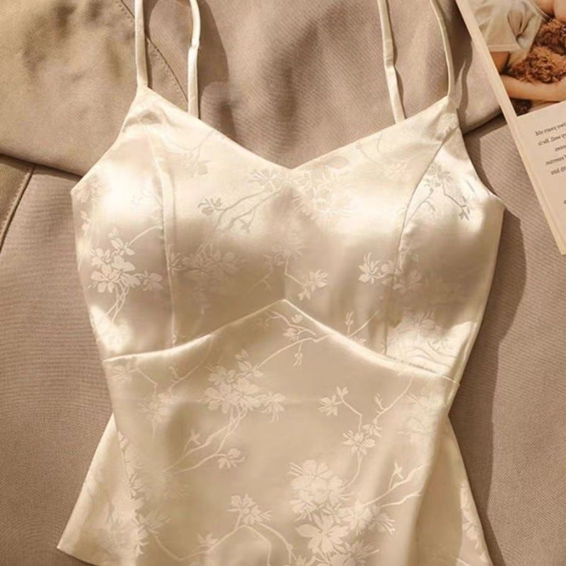 French Jacquard Satin Camisole Vest New Chinese Top Strap Chest Pad Short Base Strapless Beautiful Top Niche - Image 3