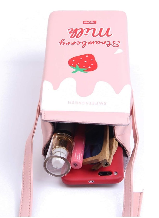 Generic Girls Strawberry Milk Carton Crossbody Bag, Students Creative Sweet Shoulder Bag Sling Bag Side Bag, Cute Magnetic Buckle Box Wallet Mobile Phone Bag Coin Purse Card Holder for Women  - Image 4