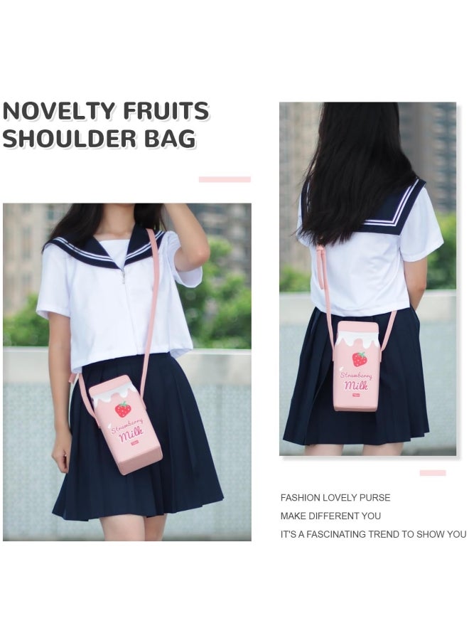 Generic Girls Strawberry Milk Carton Crossbody Bag, Students Creative Sweet Shoulder Bag Sling Bag Side Bag, Cute Magnetic Buckle Box Wallet Mobile Phone Bag Coin Purse Card Holder for Women  - Image 3