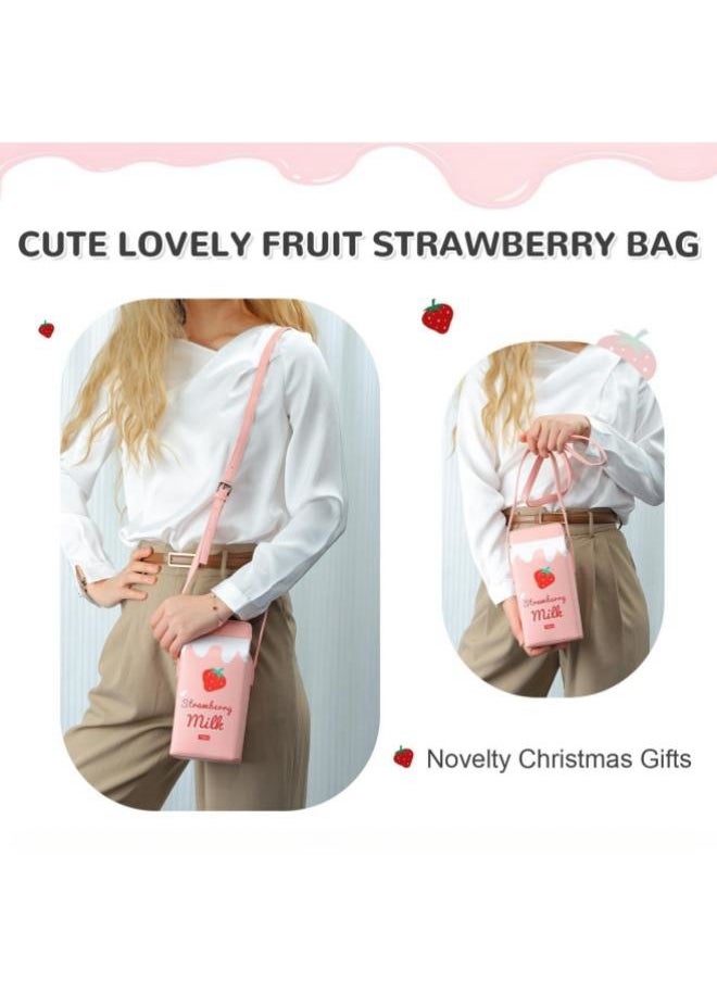 Generic Girls Strawberry Milk Carton Crossbody Bag, Students Creative Sweet Shoulder Bag Sling Bag Side Bag, Cute Magnetic Buckle Box Wallet Mobile Phone Bag Coin Purse Card Holder for Women  - Image 2