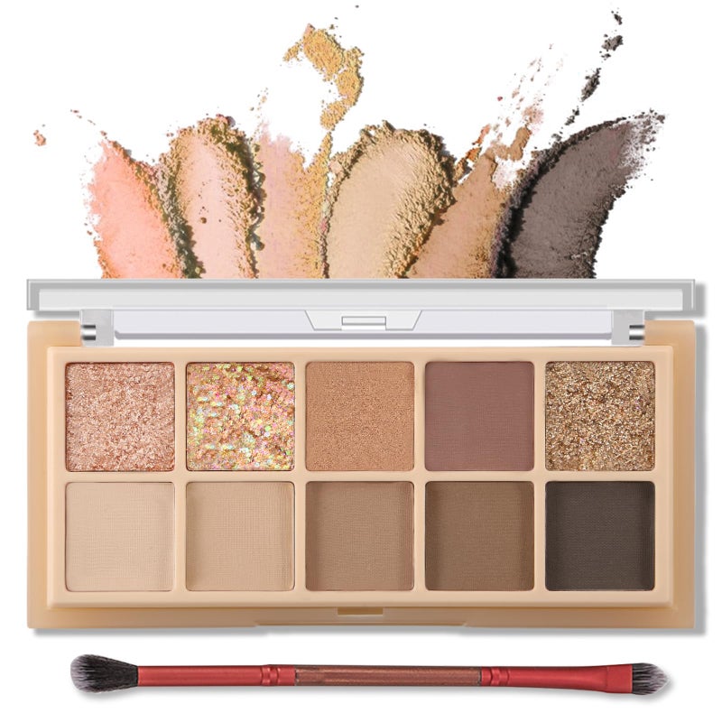 Erinde 10 Colors Eyeshadow Palette Makeup - Matte Shimmer Glitter Brown Eye Shadow, Ultra-Blendable, High Pigmented, Naturing-Looking, Neutral Nude Eyeshadow Palette with Professional Brush, Sunset - Image 1