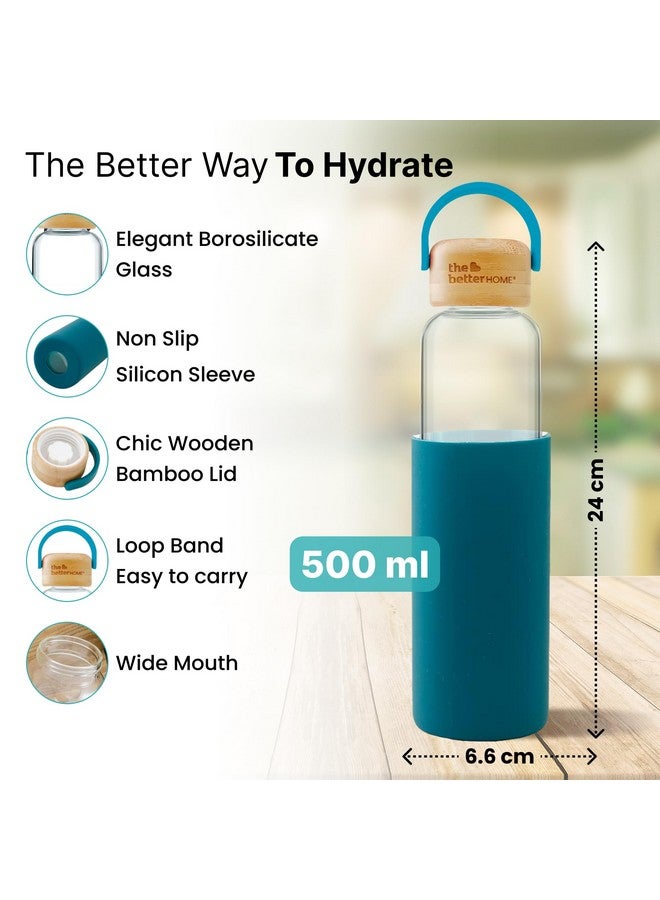 The Better Home Borosilicate Glass Water Bottle with Sleeve (500ml) | Non Slip Silicon Sleeve & Bamboo Lid | Fridge Water Bottles for Men, Women & Kids | Water Bottles for Fridge | Aqua (Pack of 1) - Image 3