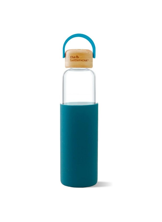 The Better Home Borosilicate Glass Water Bottle with Sleeve (500ml) | Non Slip Silicon Sleeve & Bamboo Lid | Fridge Water Bottles for Men, Women & Kids | Water Bottles for Fridge | Aqua (Pack of 1) - Image 1
