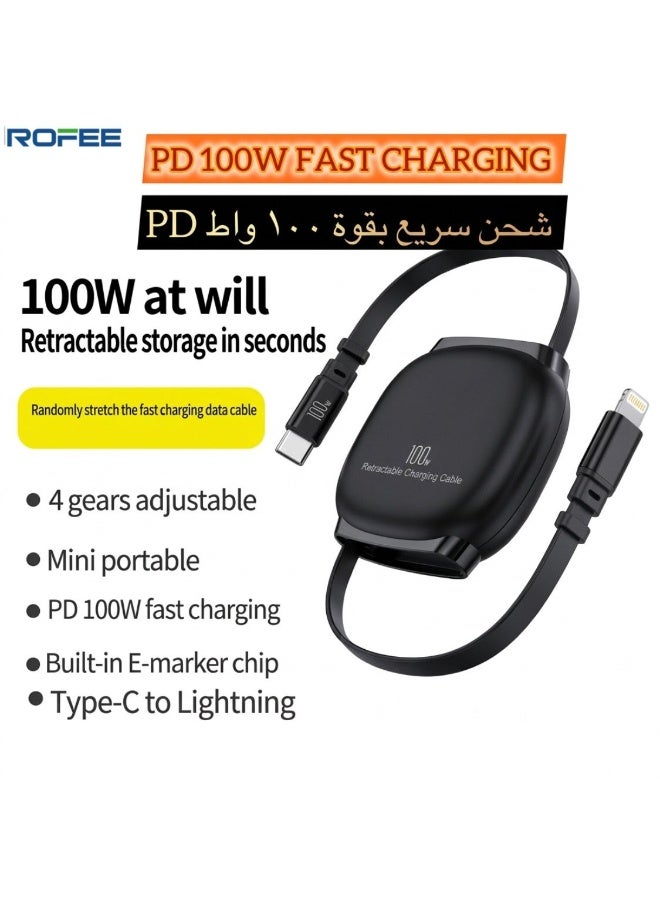 Rofee 506 C 100W 1 Meter Type C to Lightning Cable,Retractable Portable Type C Fast Charging Cord Compatible with iPhone and Samsung Galaxy Series (Black) - Image 1