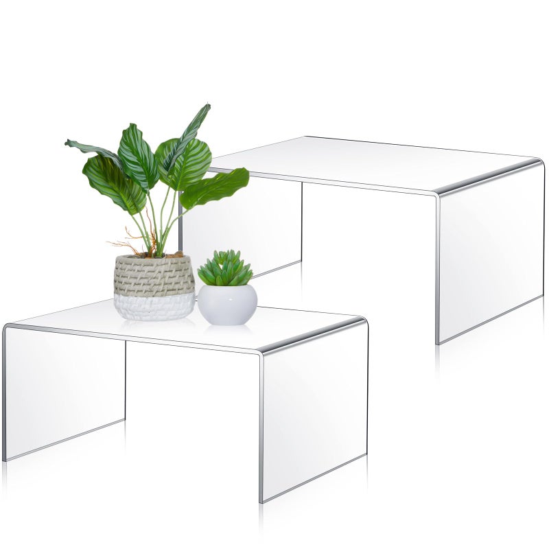 RattanView 2 Pcs 12'' Extra Large 5 mm Thickness Acrylic Risers Display Stands 12 x 7.75 x 6'' Clear Acrylic Shelf Riser Showcase for Collectibles Jewelry Cupcakes Figures Cabinet - Image 1