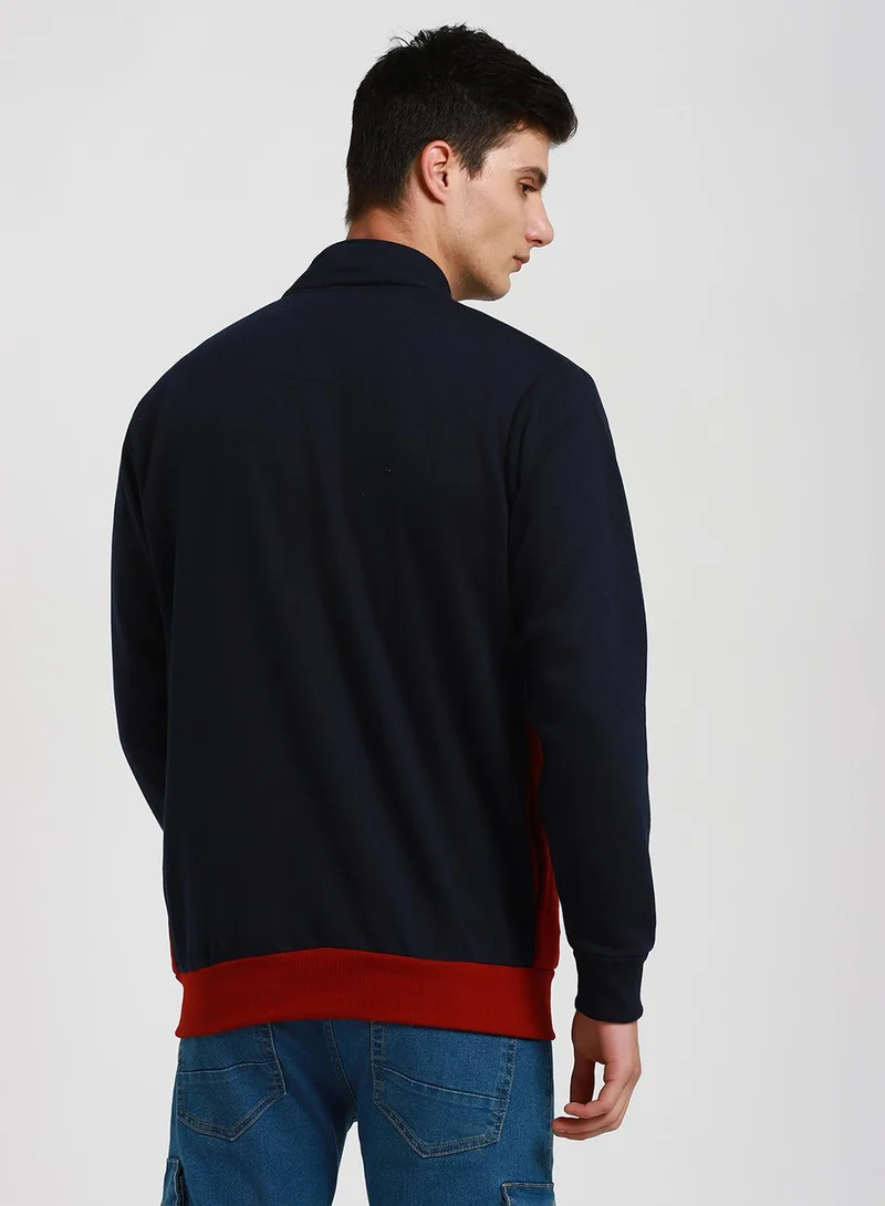 دينيس لينغو Regular Fit Maroon Colourblocked Mock Neck Sweatshirt for Men - Polycotton, Full Sleeves