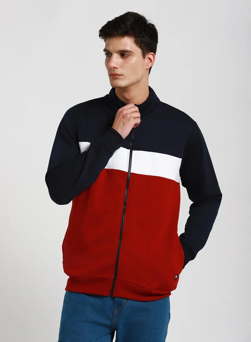 دينيس لينغو Regular Fit Maroon Colourblocked Mock Neck Sweatshirt for Men - Polycotton, Full Sleeves