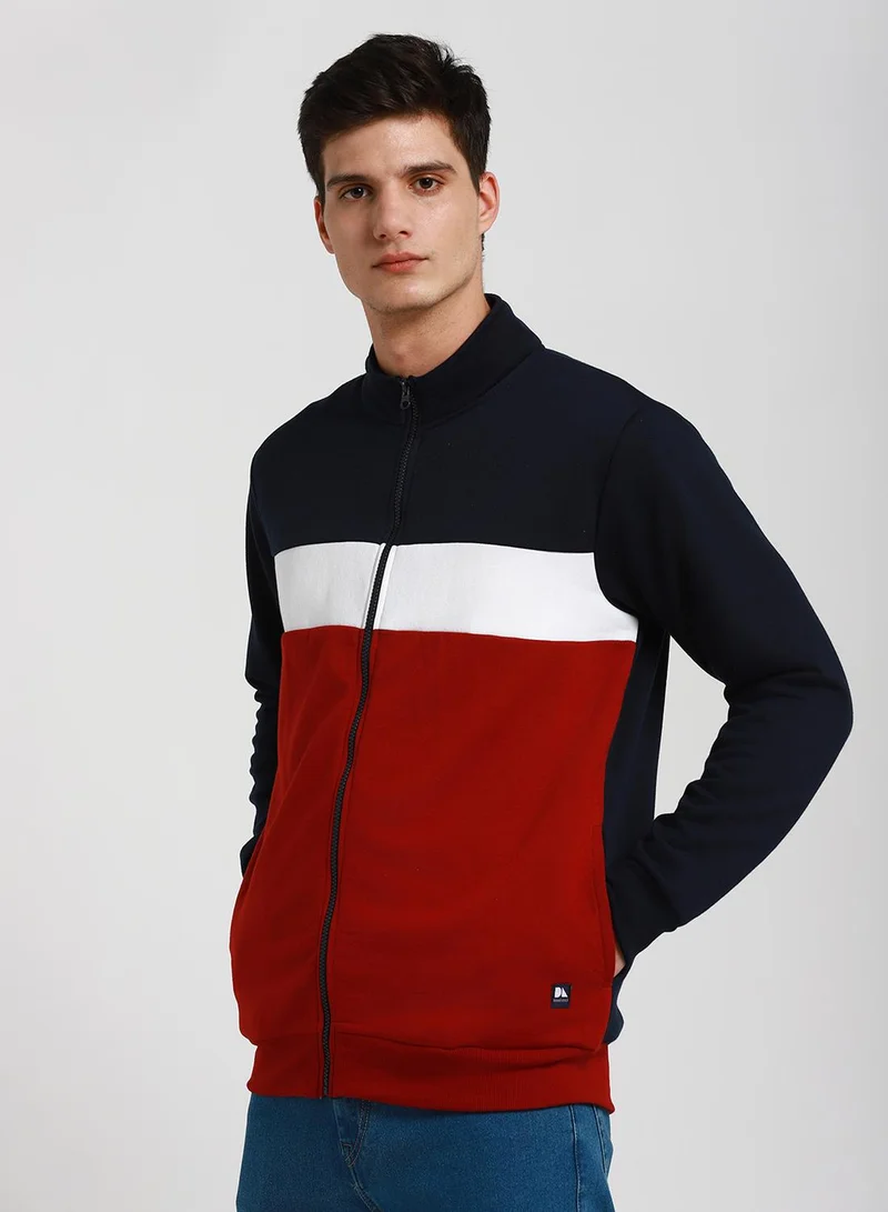 دينيس لينغو Regular Fit Maroon Colourblocked Mock Neck Sweatshirt for Men - Polycotton, Full Sleeves