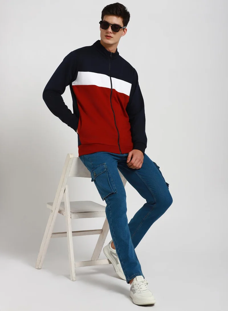 دينيس لينغو Regular Fit Maroon Colourblocked Mock Neck Sweatshirt for Men - Polycotton, Full Sleeves