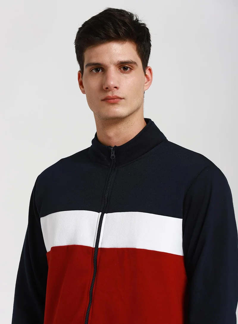 دينيس لينغو Regular Fit Maroon Colourblocked Mock Neck Sweatshirt for Men - Polycotton, Full Sleeves