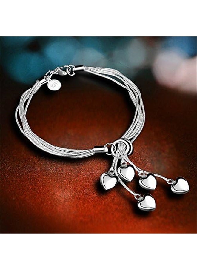 yongsheng Silver Love Shape Charm Bracelet，Five-Line Chain with Five-Heart Bracelet  - Image 5