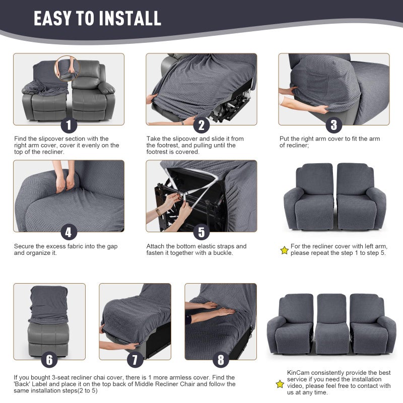 KinCam Recliner Sofa Covers, Stretch Reclining Couch Covers, Recliner Sofa Slipcovers Stripe Jacquard Recliner Couch Cover Furniture Protector Covers for Pet Kid (3 Seater, Dark Gray) - Image 5