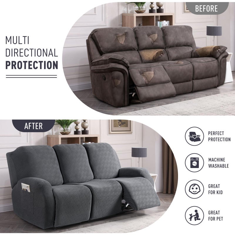 KinCam Recliner Sofa Covers, Stretch Reclining Couch Covers, Recliner Sofa Slipcovers Stripe Jacquard Recliner Couch Cover Furniture Protector Covers for Pet Kid (3 Seater, Dark Gray) - Image 3