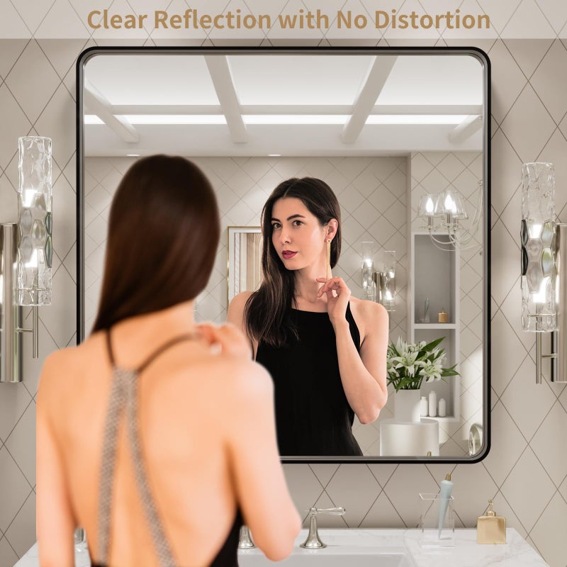 LOAAO 30x30 Inch Black Metal Framed Bathroom Mirror for Wall, Matte Black Bathroom Vanity Mirror Farmhouse, Large Rounded Rectangle Mirror, Anti-Rust, Hangs Horizontally or Vertically - Image 2