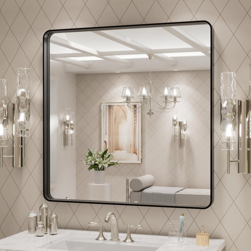 LOAAO 30x30 Inch Black Metal Framed Bathroom Mirror for Wall, Matte Black Bathroom Vanity Mirror Farmhouse, Large Rounded Rectangle Mirror, Anti-Rust, Hangs Horizontally or Vertically - Image 4