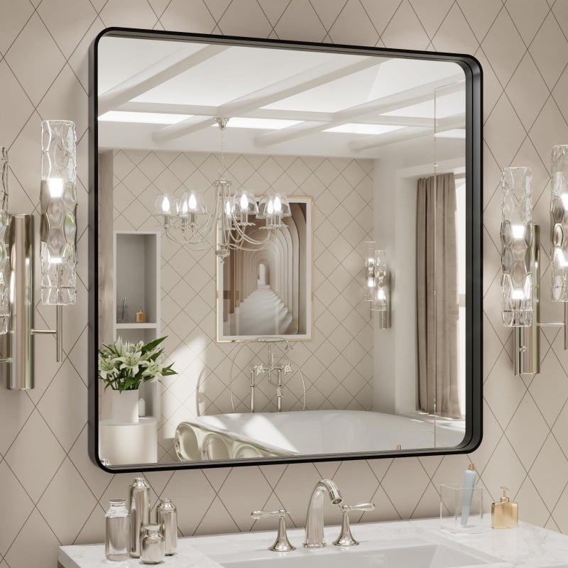 LOAAO 30x30 Inch Black Metal Framed Bathroom Mirror for Wall, Matte Black Bathroom Vanity Mirror Farmhouse, Large Rounded Rectangle Mirror, Anti-Rust, Hangs Horizontally or Vertically - Image 3
