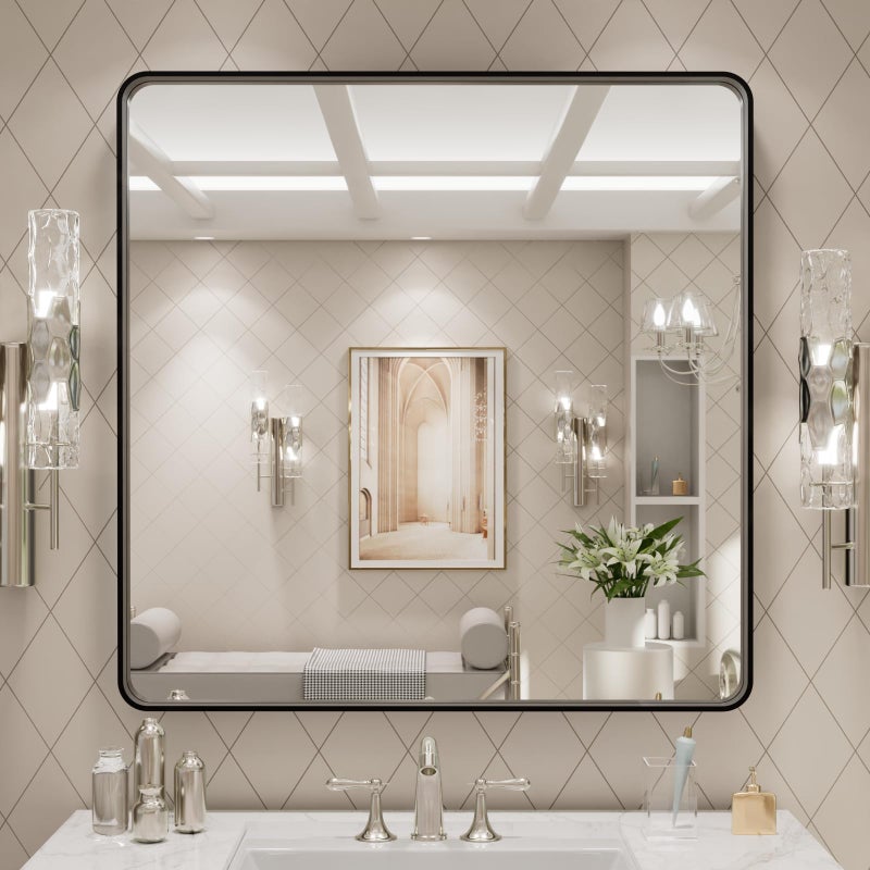 LOAAO 30x30 Inch Black Metal Framed Bathroom Mirror for Wall, Matte Black Bathroom Vanity Mirror Farmhouse, Large Rounded Rectangle Mirror, Anti-Rust, Hangs Horizontally or Vertically - Image 1