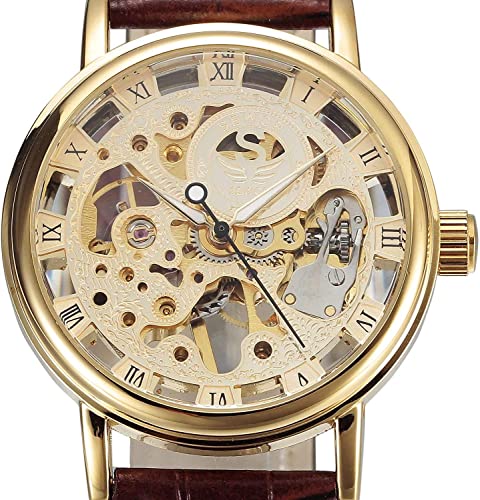 SEWOR Men's Mechanical Skeleton Transparent Vintage Style Leather Wrist Watch - Image 3