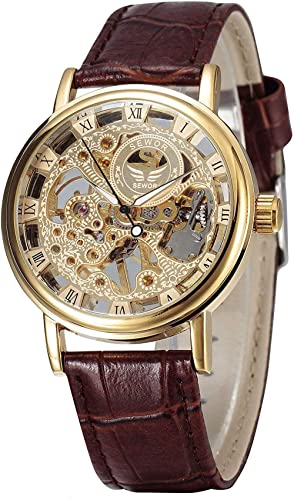 SEWOR Men's Mechanical Skeleton Transparent Vintage Style Leather Wrist Watch - Image 1