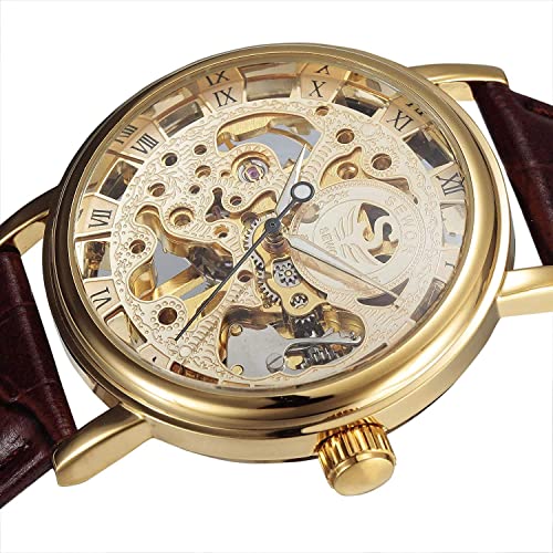 SEWOR Men's Mechanical Skeleton Transparent Vintage Style Leather Wrist Watch - Image 2