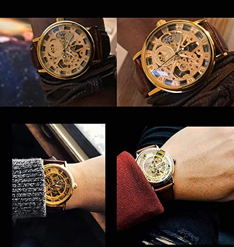 SEWOR Men's Mechanical Skeleton Transparent Vintage Style Leather Wrist Watch - Image 4