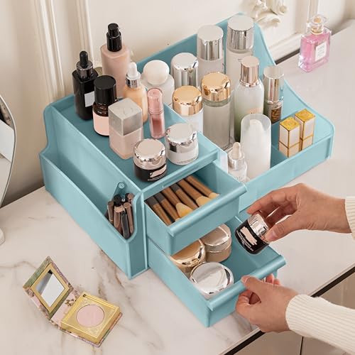 ALOXE Premium Large Makeup Organisers | Upgraded Storage Box and Organiser with Drawers for Dressing Table, Skincare, Makeup Storage & Accessories (Blue) - Image 1
