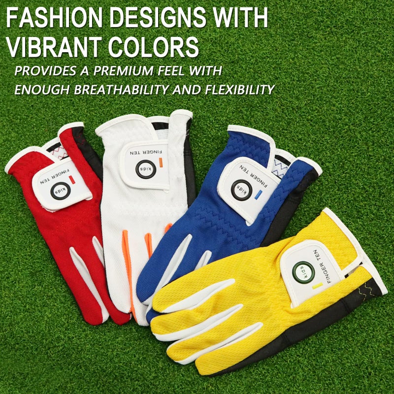 FINGER TEN Golf Gloves Junior Kids Youth Toddler Boys Girls Left Hand Right Hand Dura Feel White Blue Red Yellow Golf Glove Extra Value 2 Pack Age 4-11 Years Old (Large(Age 7-8) Blue, Worn on Left Hand) - Image 5