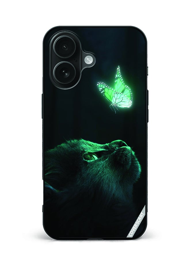 Protective Case Cover For Apple iPhone 16 Cat With Butterfly Design Multicolour
