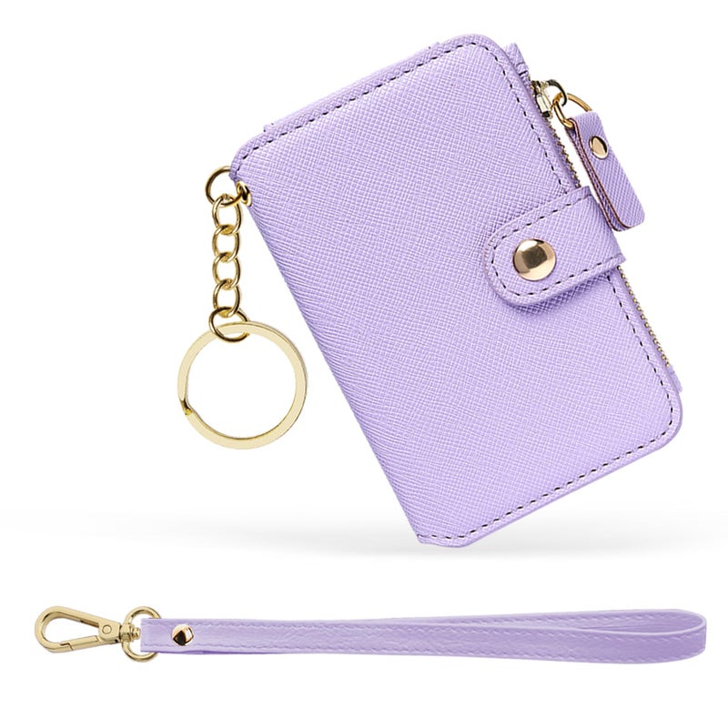 M-Plateau Wallet, Womens card Holder Leather Keychain Wallet With Zipper Coin Pocket ID Window Wrist Strap Gift Box (Lavender) - Image 1